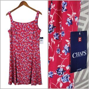 NEW Chaps Knee Length Shirt Dress Large Red Floral Flare Skirt Ralph Lauren